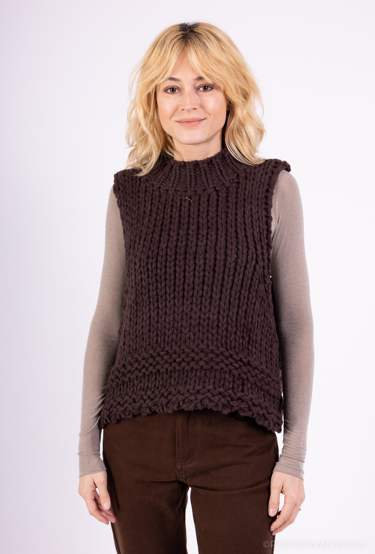 Gilet Tricoté Torsadé Maille Large Évasé