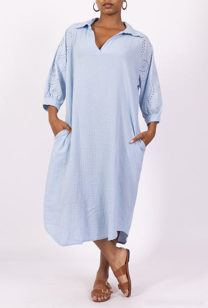 Robe Col Chemise Manche 3/4 Gaze Brodée Ajourée 100% Coton