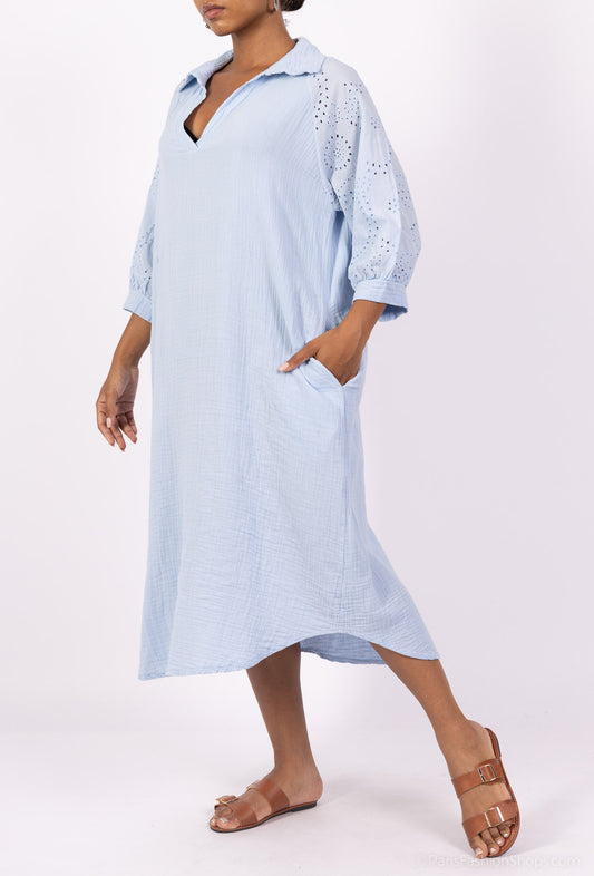 Robe Col Chemise Manche 3/4 Gaze Brodée Ajourée 100% Coton