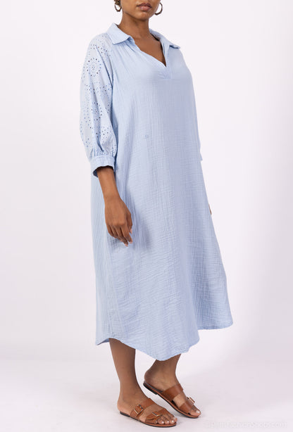 Robe Col Chemise Manche 3/4 Gaze Brodée Ajourée 100% Coton