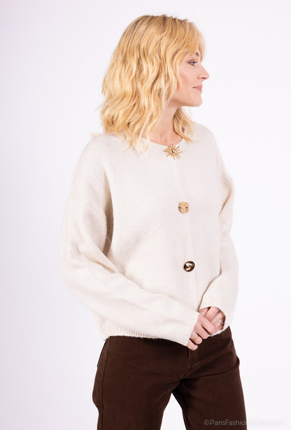 Cardigan Large Boutons Fantaisie Bords-Côtes 10% Laine