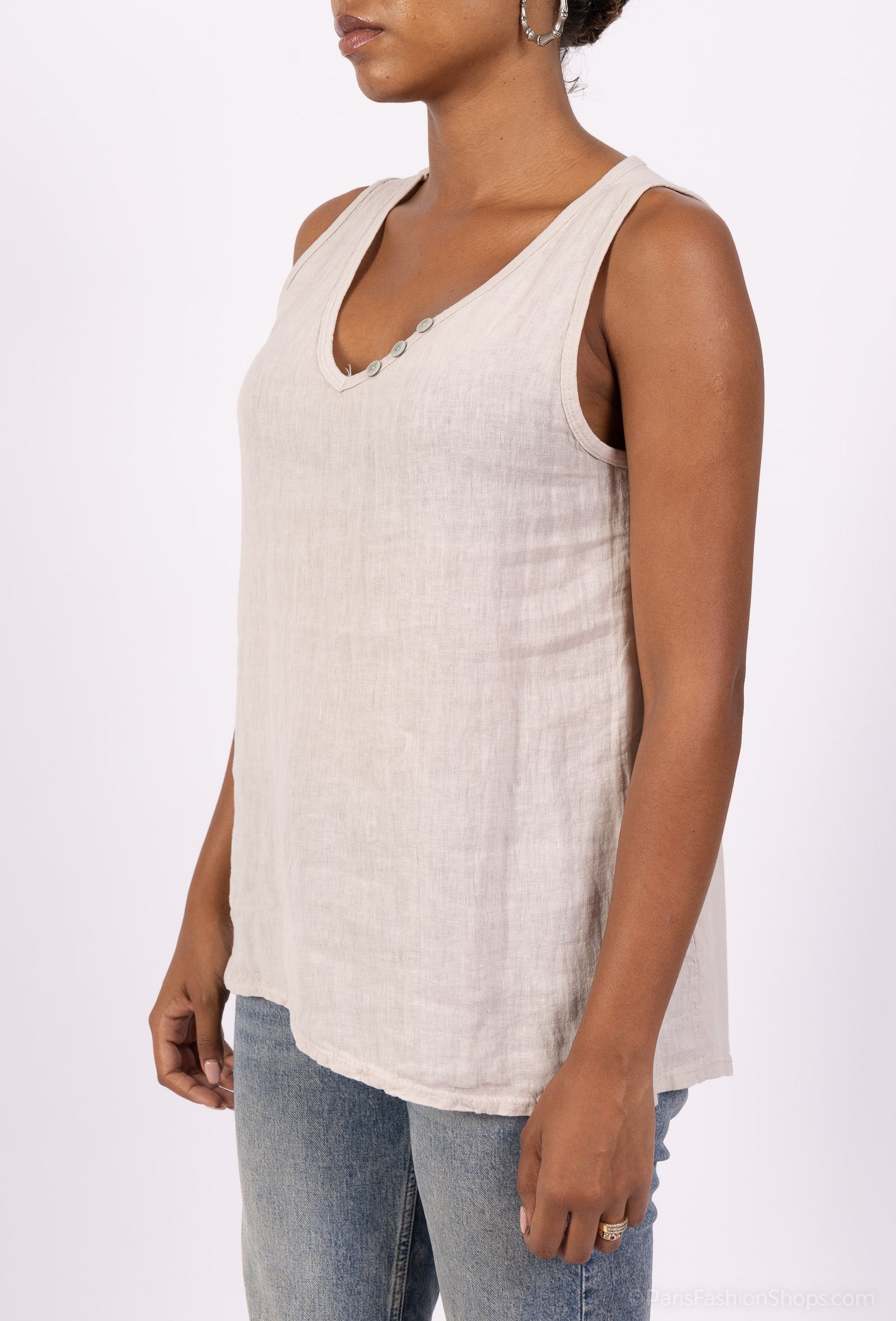 Débardeur Col V à Boutons Bi-Matière 50% Lin 50% Coton