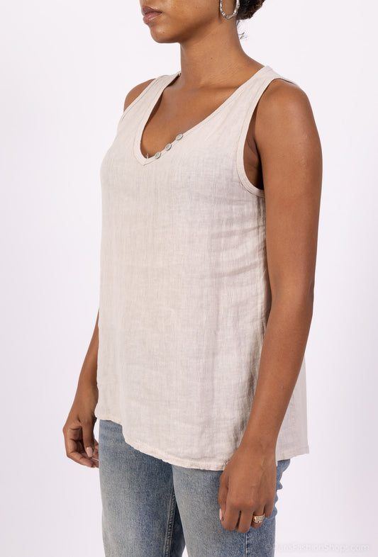 Débardeur Col V à Boutons Bi-Matière 50% Lin 50% Coton