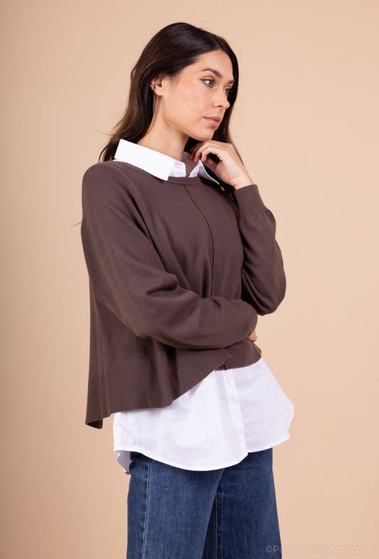 Pull Dos Ouvert Nœud Ajustable Effet Superposé Chemise