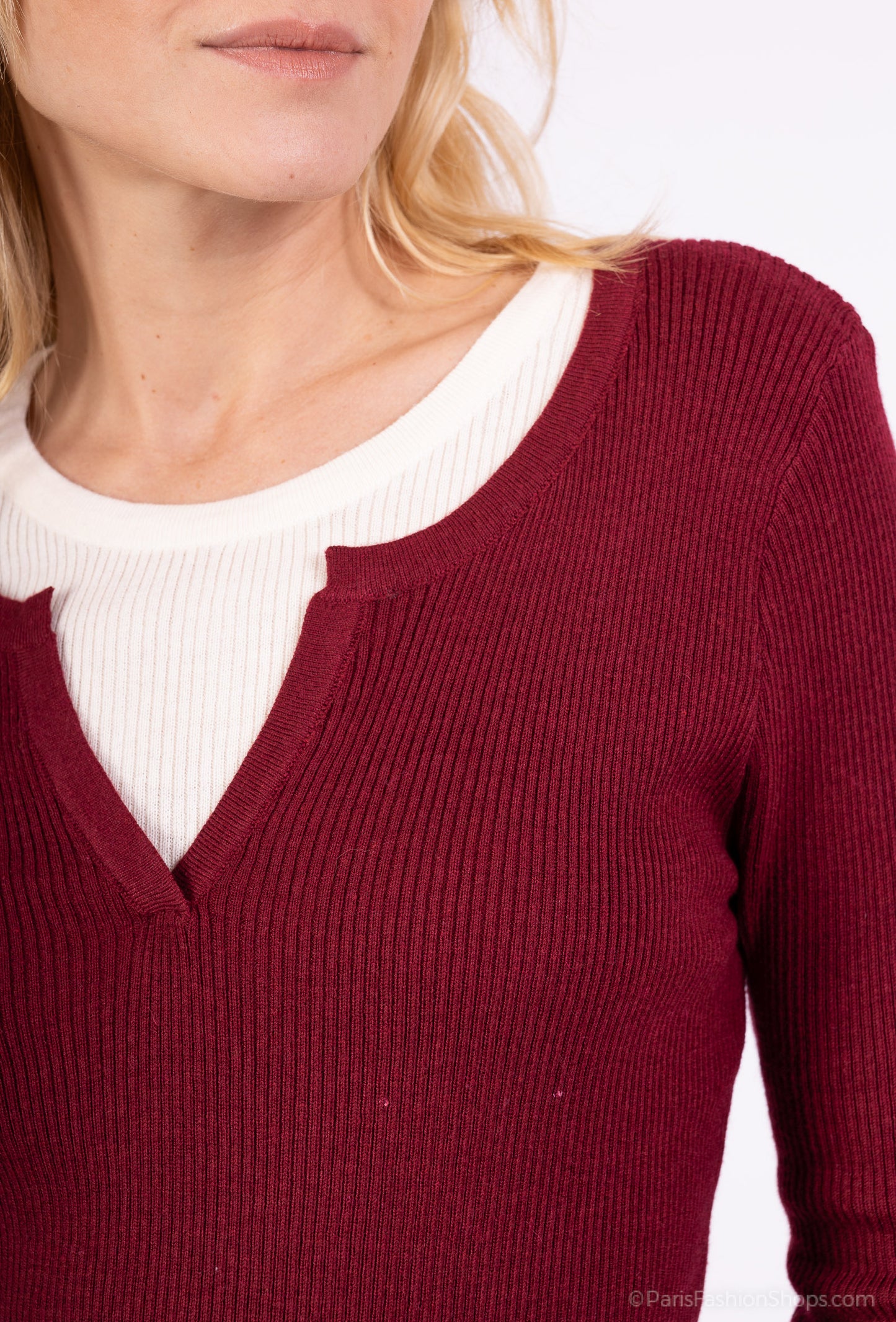 Pull Léger Côtelé Effet Superposé Bicolore Col Fendu