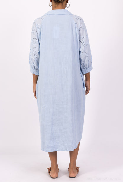Robe Col Chemise Manche 3/4 Gaze Brodée Ajourée 100% Coton