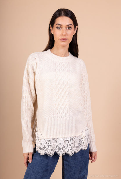 Pull Maille Tricot Torsadé Effet Superposé Volants Dentelle