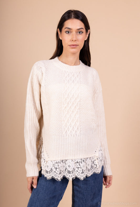 Pull Maille Tricot Torsadé Effet Superposé Volants Dentelle