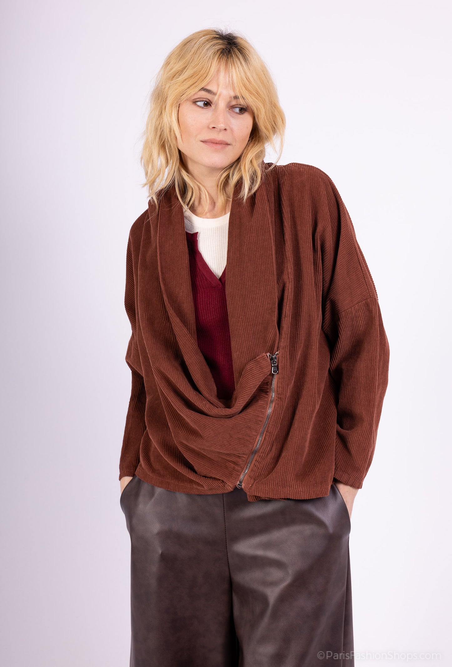 Sweat Velours Côtelé Col Bénitier Asymétrique Zip 100% Coton