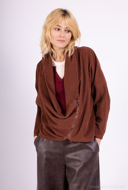 Sweat Velours Côtelé Col Bénitier Asymétrique Zip 100% Coton