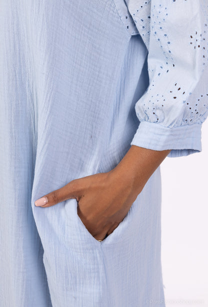 Robe Col Chemise Manche 3/4 Gaze Brodée Ajourée 100% Coton