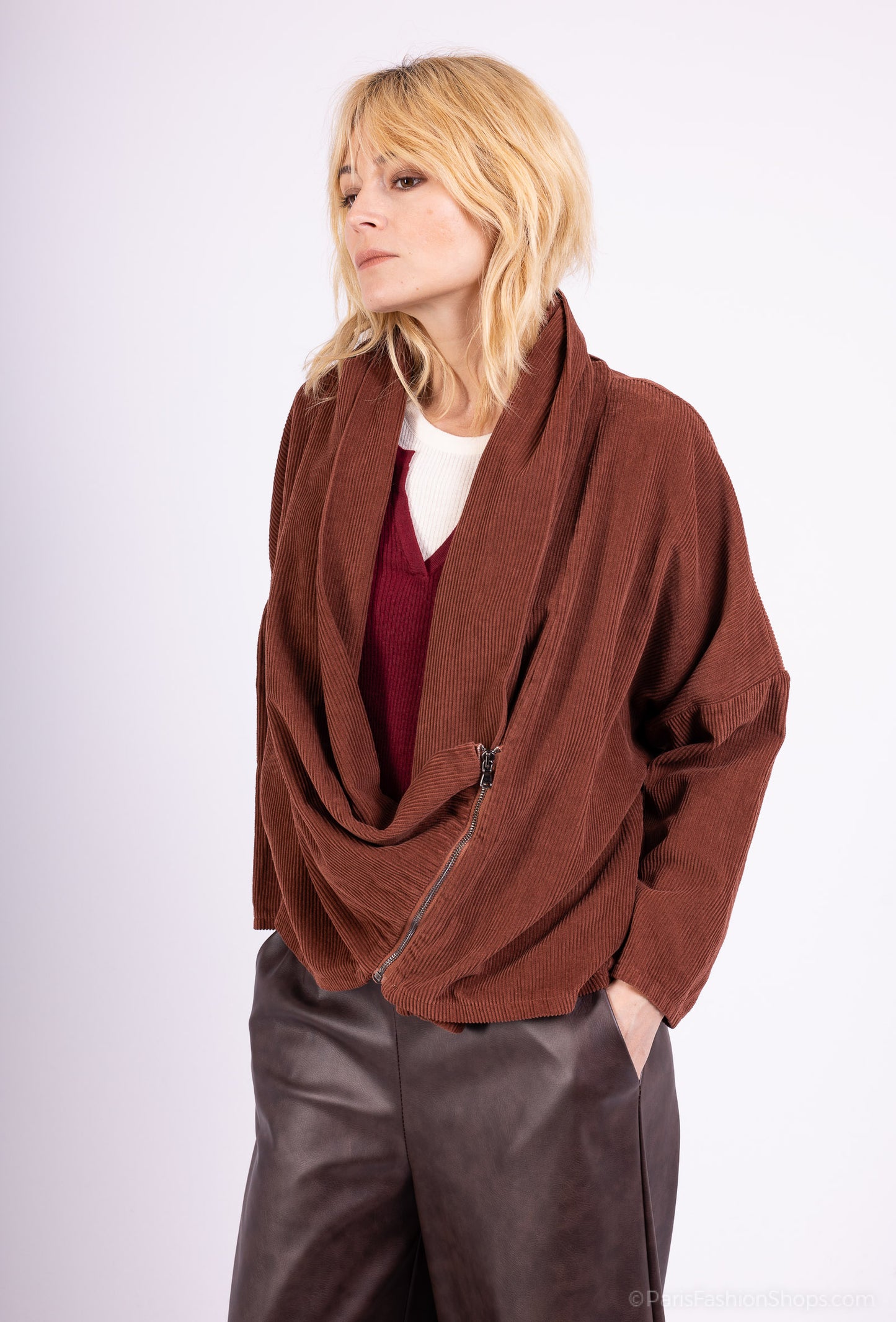 Sweat Velours Côtelé Col Bénitier Asymétrique Zip 100% Coton