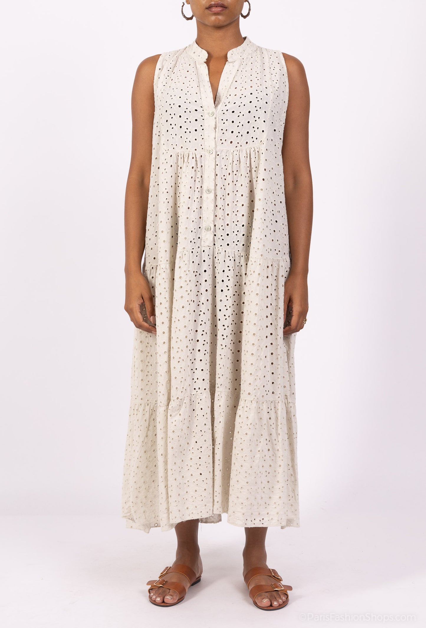 Robe Boutonnée Brodé Ajouré Motif Fleuri 100% Coton