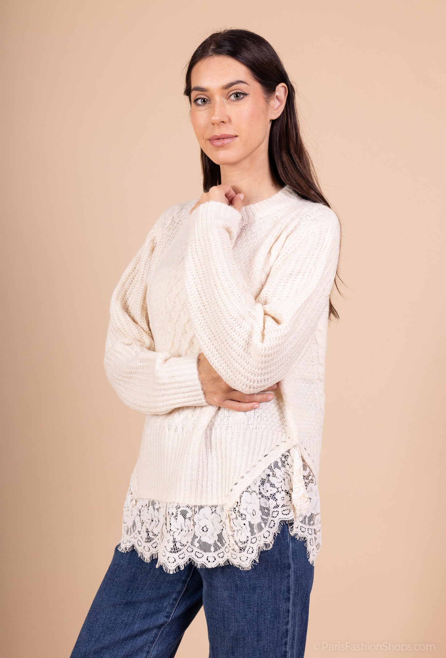 Pull Maille Tricot Torsadé Effet Superposé Volants Dentelle