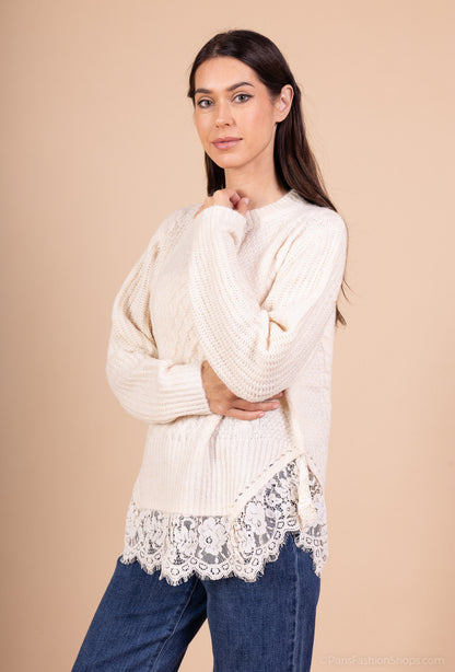 Pull Maille Tricot Torsadé Effet Superposé Volants Dentelle