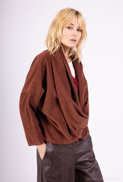 Sweat Velours Côtelé Col Bénitier Asymétrique Zip 100% Coton