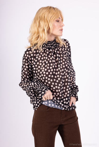 Blouse Col Montant Et Poignets Smocké Mousseline À Motifs