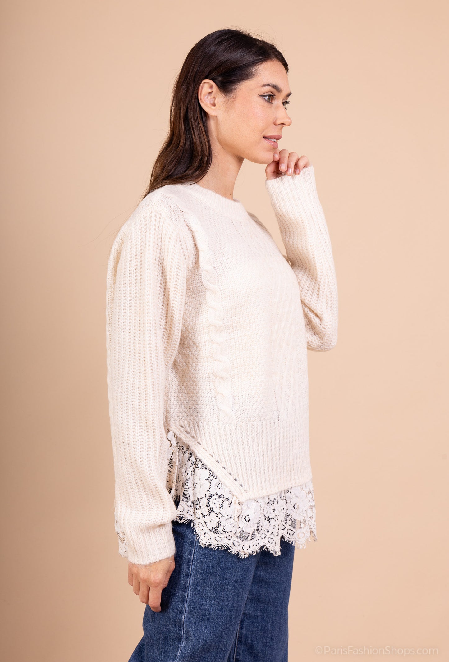 Pull Maille Tricot Torsadé Effet Superposé Volants Dentelle