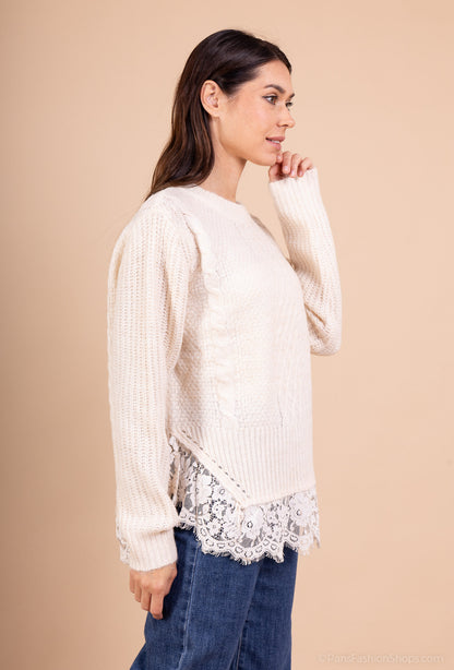 Pull Maille Tricot Torsadé Effet Superposé Volants Dentelle