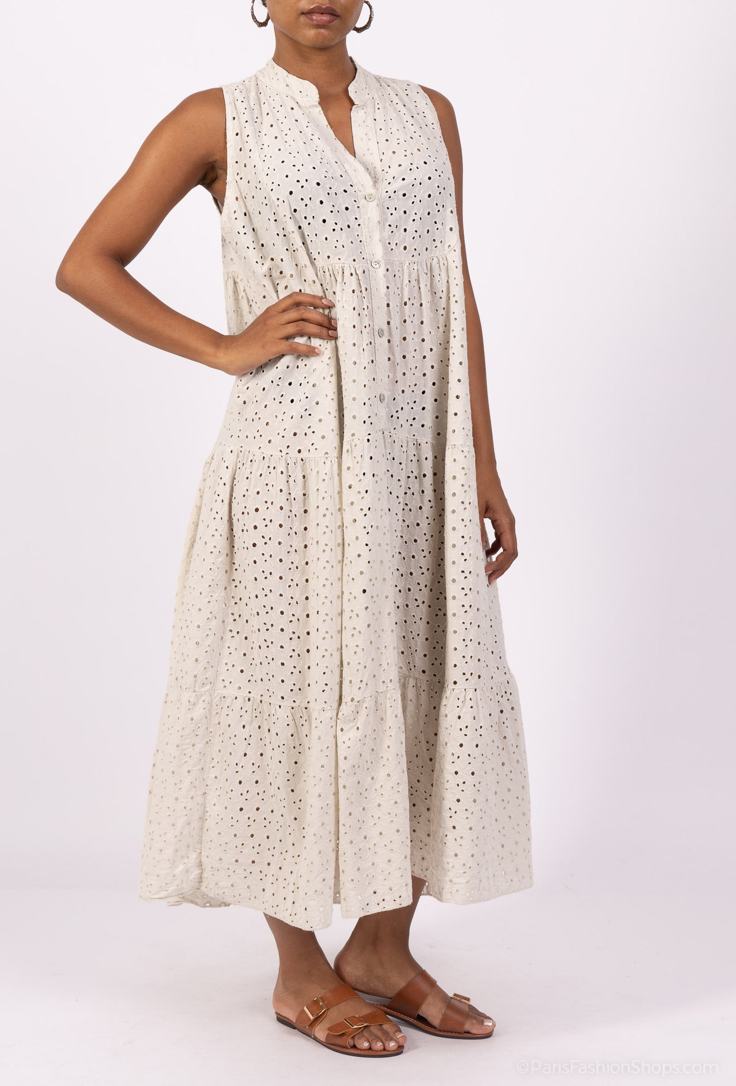 Robe Boutonnée Brodé Ajouré Motif Fleuri 100% Coton