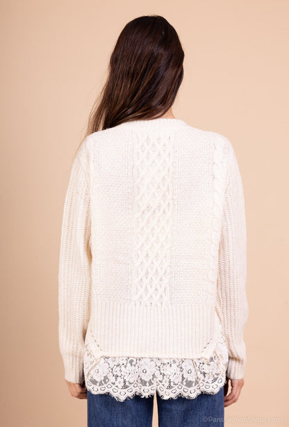 Pull Maille Tricot Torsadé Effet Superposé Volants Dentelle