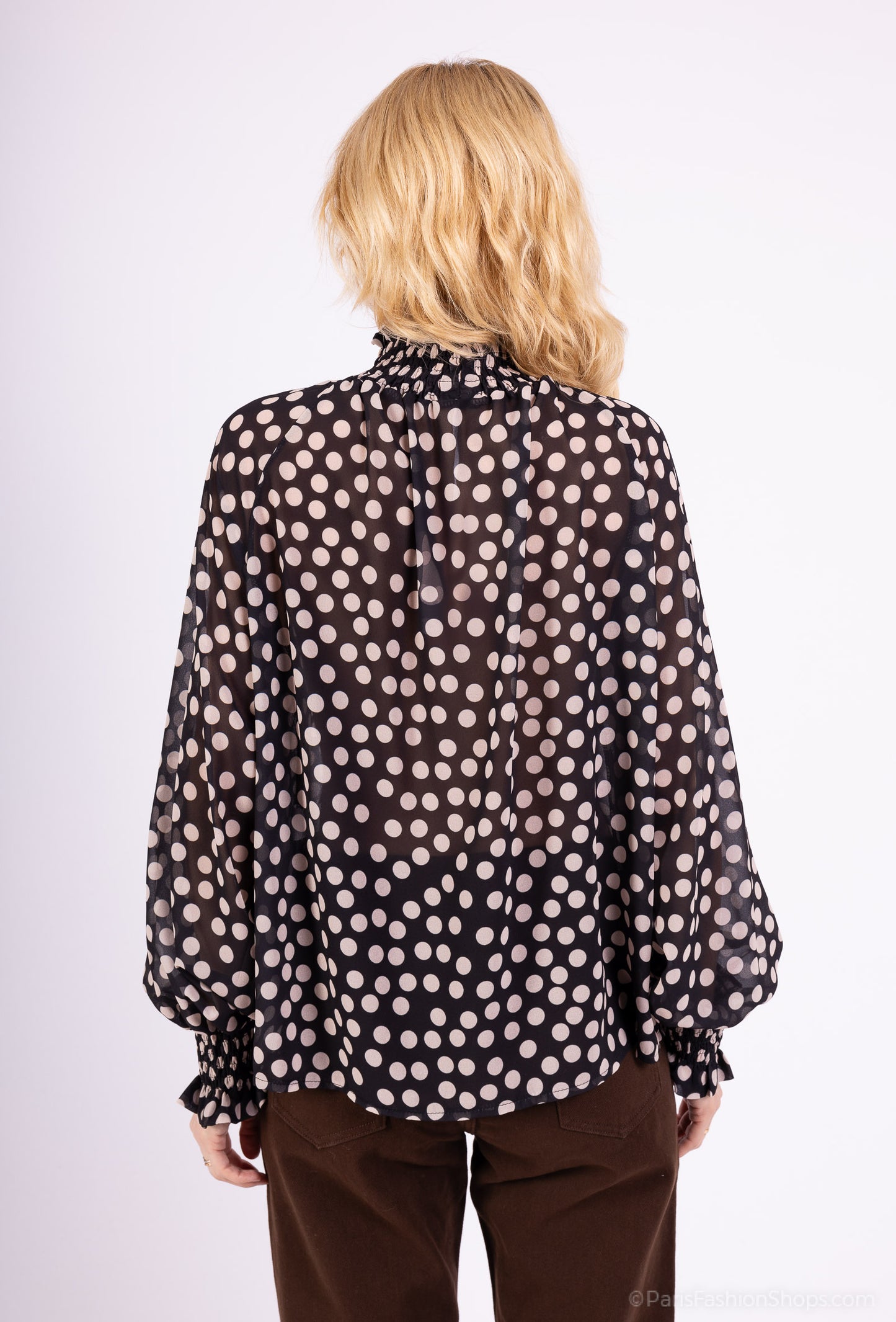 Blouse Col Montant Et Poignets Smocké Mousseline À Motifs