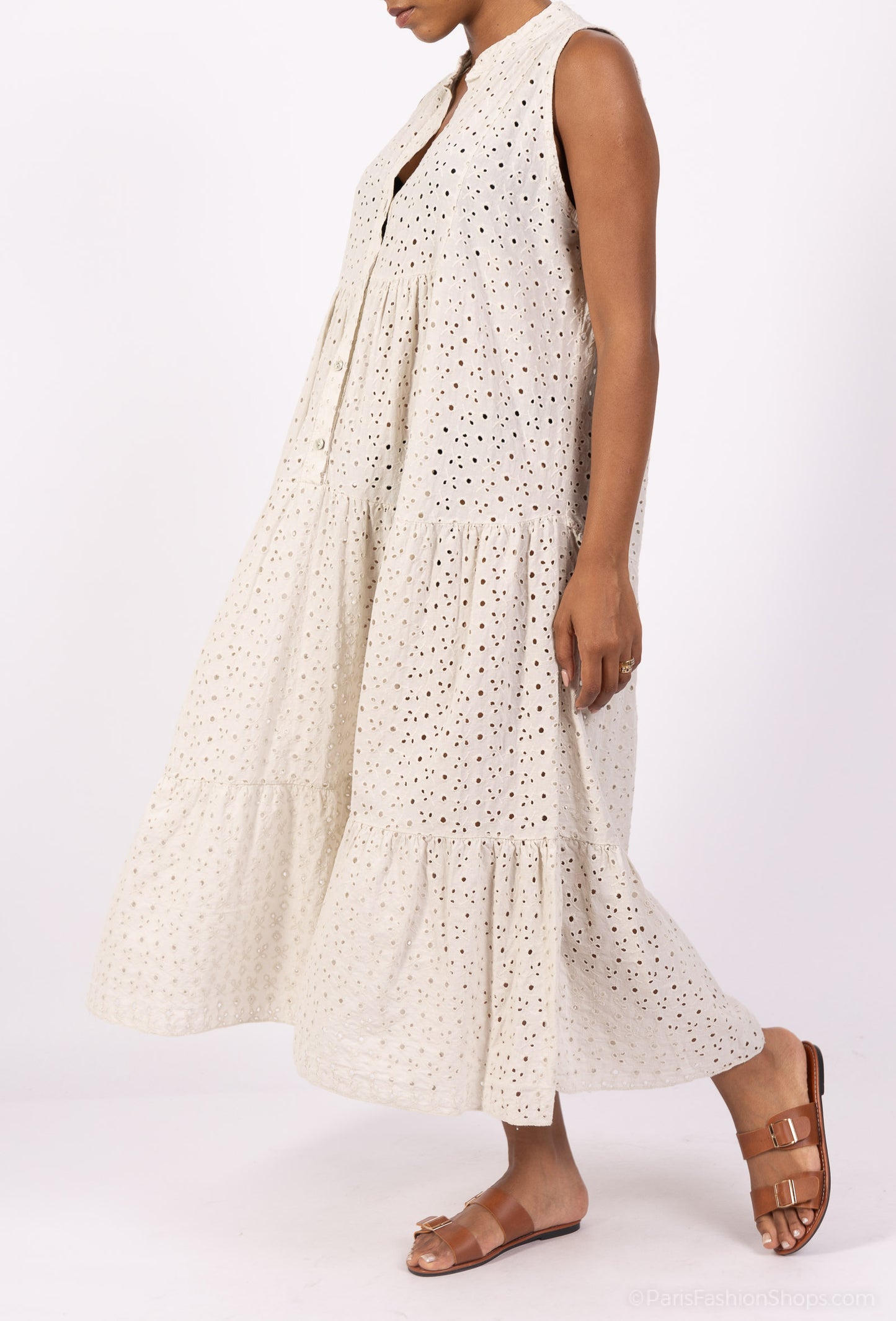 Robe Boutonnée Brodé Ajouré Motif Fleuri 100% Coton