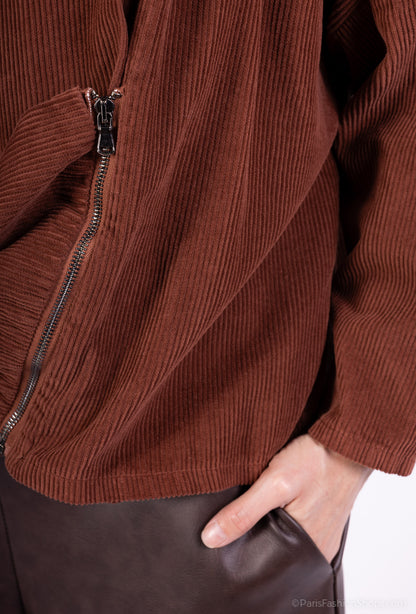 Sweat Velours Côtelé Col Bénitier Asymétrique Zip 100% Coton