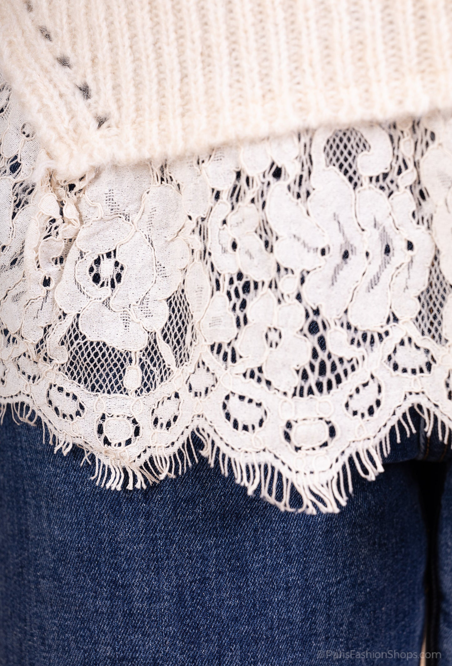 Pull Maille Tricot Torsadé Effet Superposé Volants Dentelle