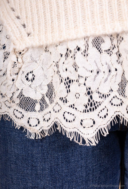 Pull Maille Tricot Torsadé Effet Superposé Volants Dentelle