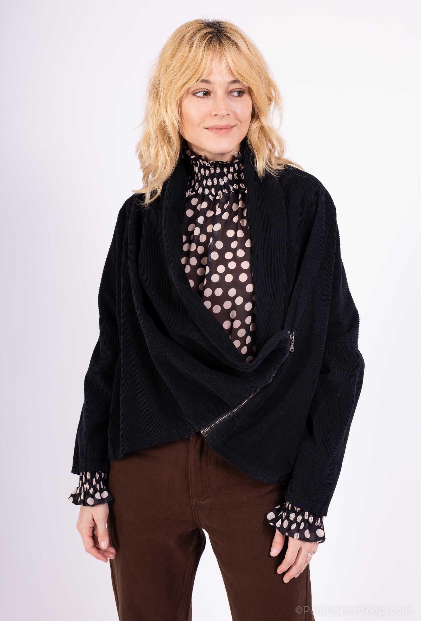 Sweat Velours Côtelé Col Bénitier Asymétrique Zip 100% Coton