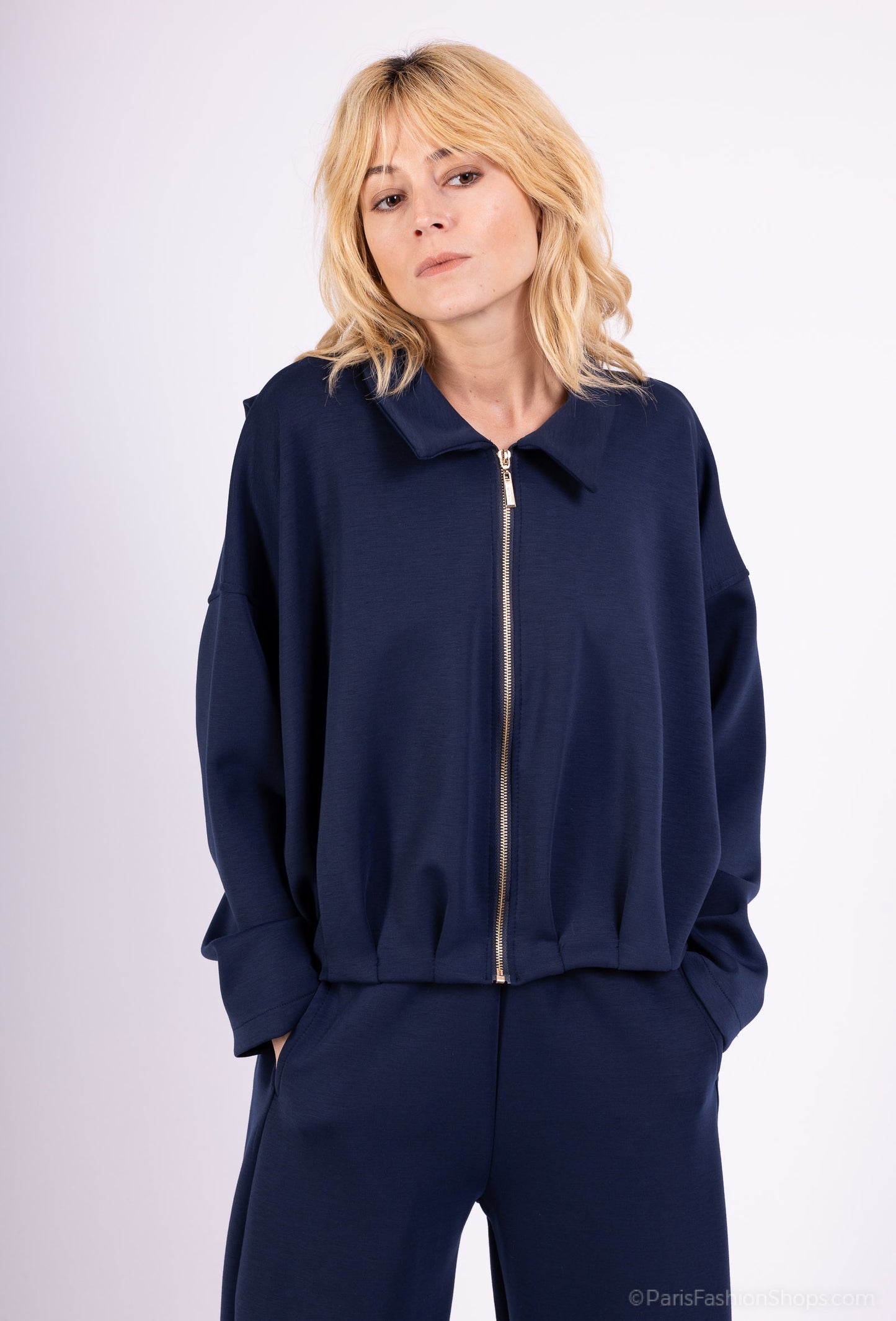 Veste Confort Col Chemise Zippé Cropped Coupe Blousante