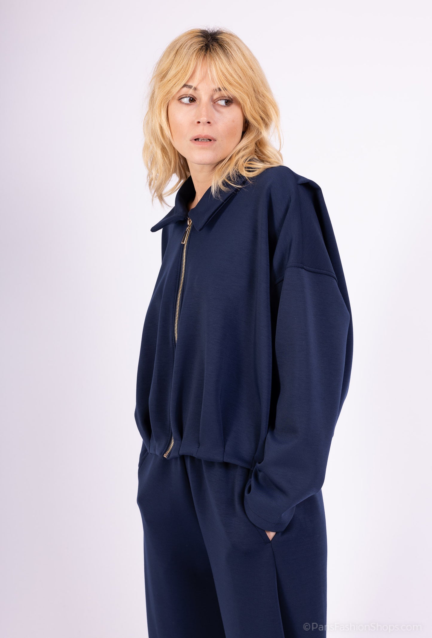 Veste Confort Col Chemise Zippé Cropped Coupe Blousante