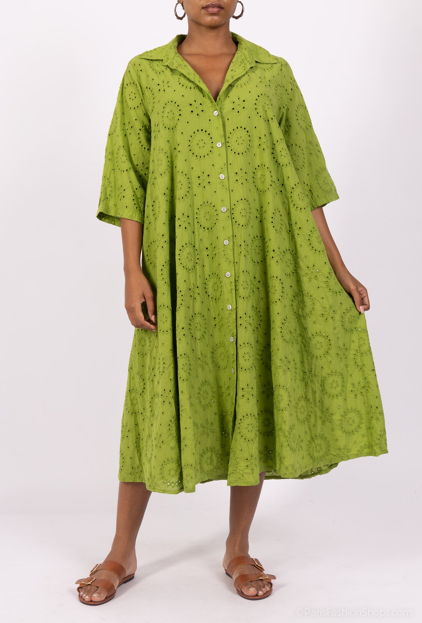 Robe Chemise Ajouré Broderie Anglaise Manche 3/4 100% Coton