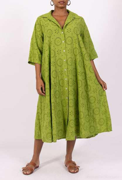 Robe Chemise Ajouré Broderie Anglaise Manche 3/4 100% Coton