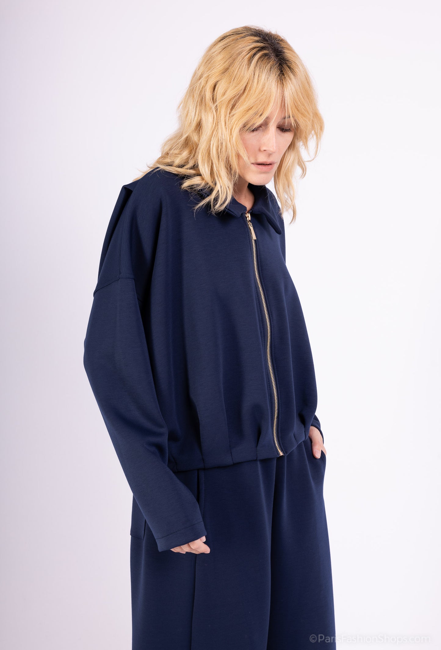 Veste Confort Col Chemise Zippé Cropped Coupe Blousante