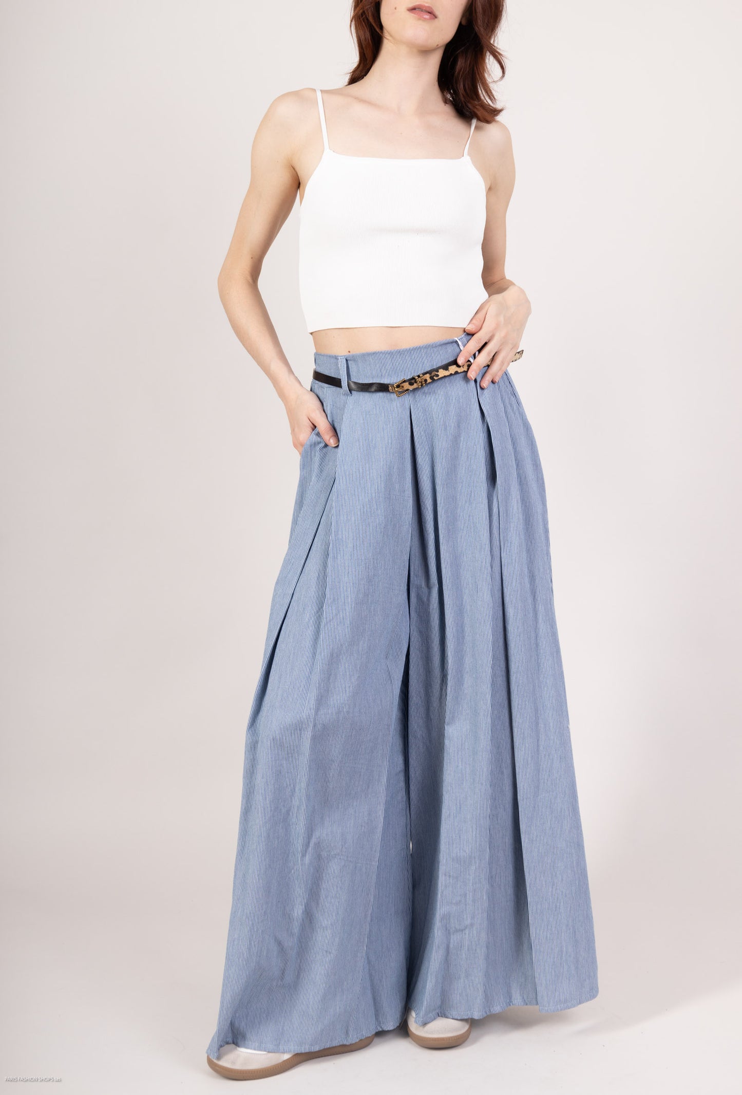 Pantalon Jupe Rayures Taille Élastique Avec Ceinture Léopard