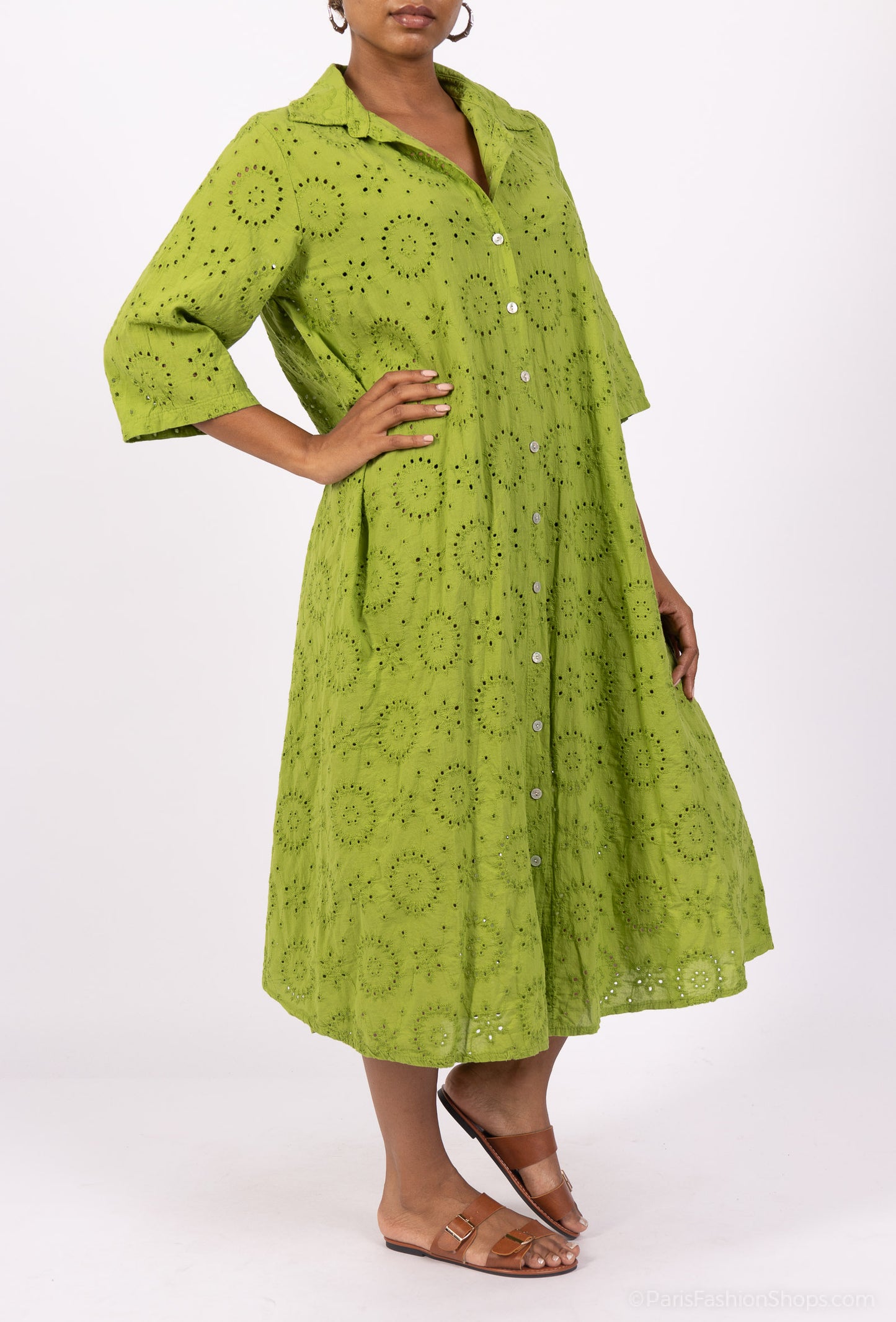 Robe Chemise Ajouré Broderie Anglaise Manche 3/4 100% Coton