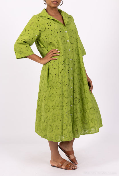 Robe Chemise Ajouré Broderie Anglaise Manche 3/4 100% Coton