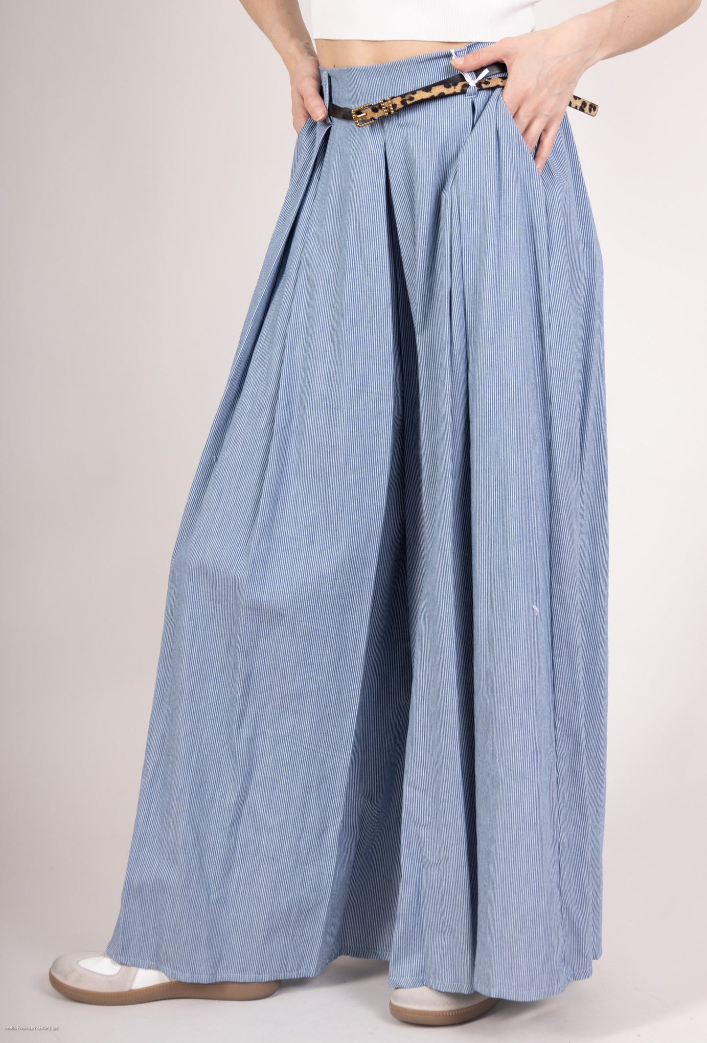 Pantalon Jupe Rayures Taille Élastique Avec Ceinture Léopard