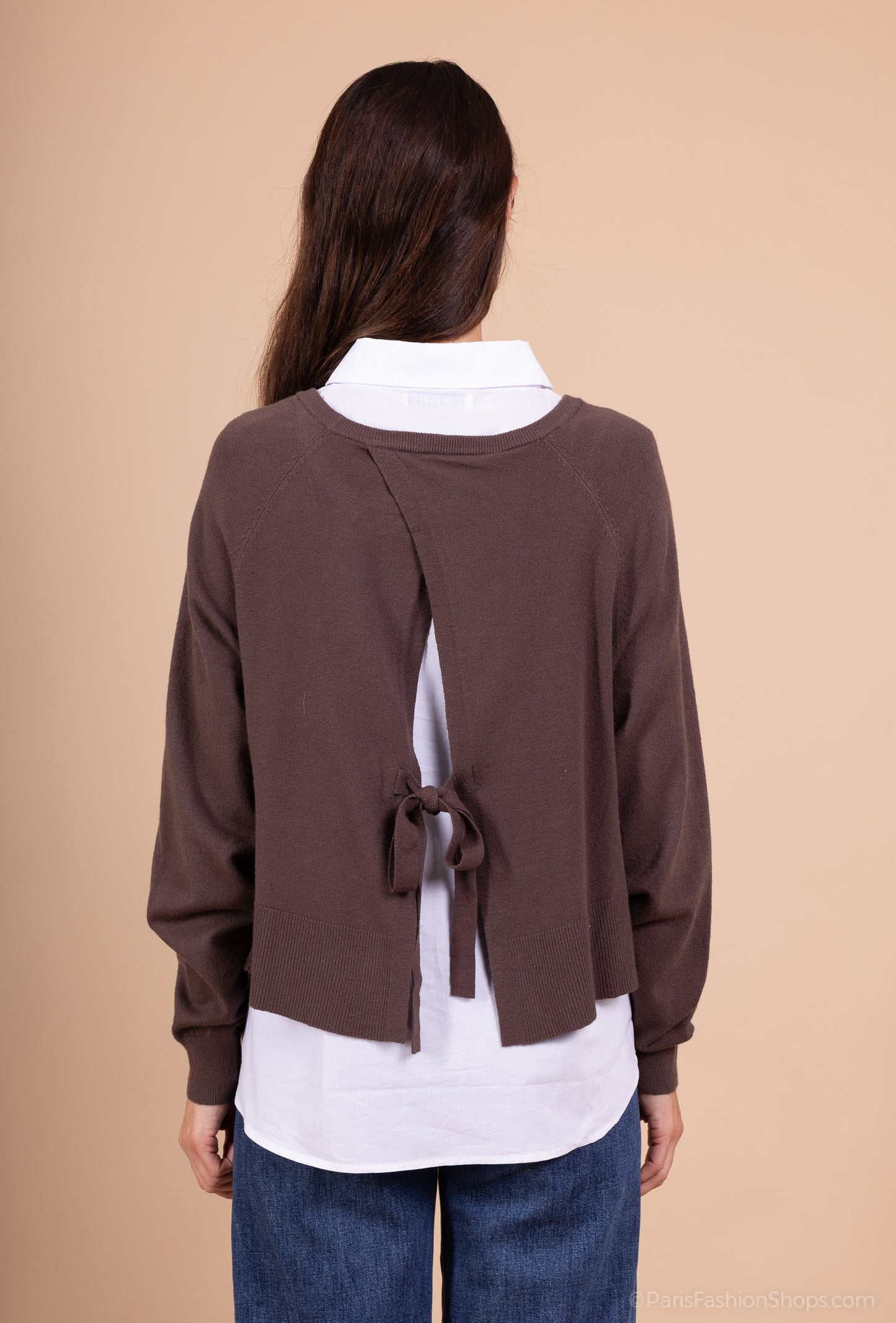 Pull Dos Ouvert Nœud Ajustable Effet Superposé Chemise