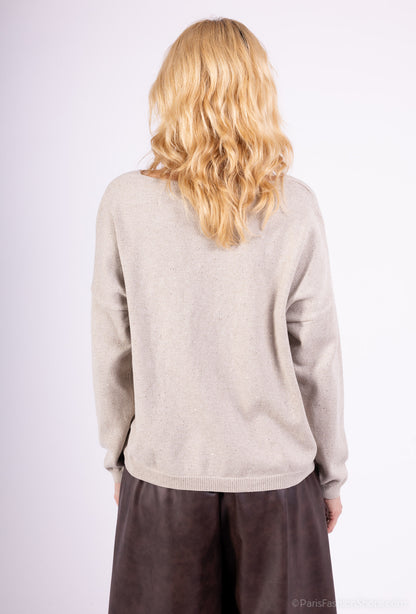 Pull Maille Fine Col V Brillant À Sequins Et Bords-Côtes