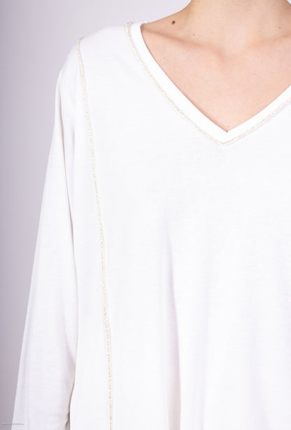 T-Shirt Col V Manches Longue Fil d'Or Asymétrique