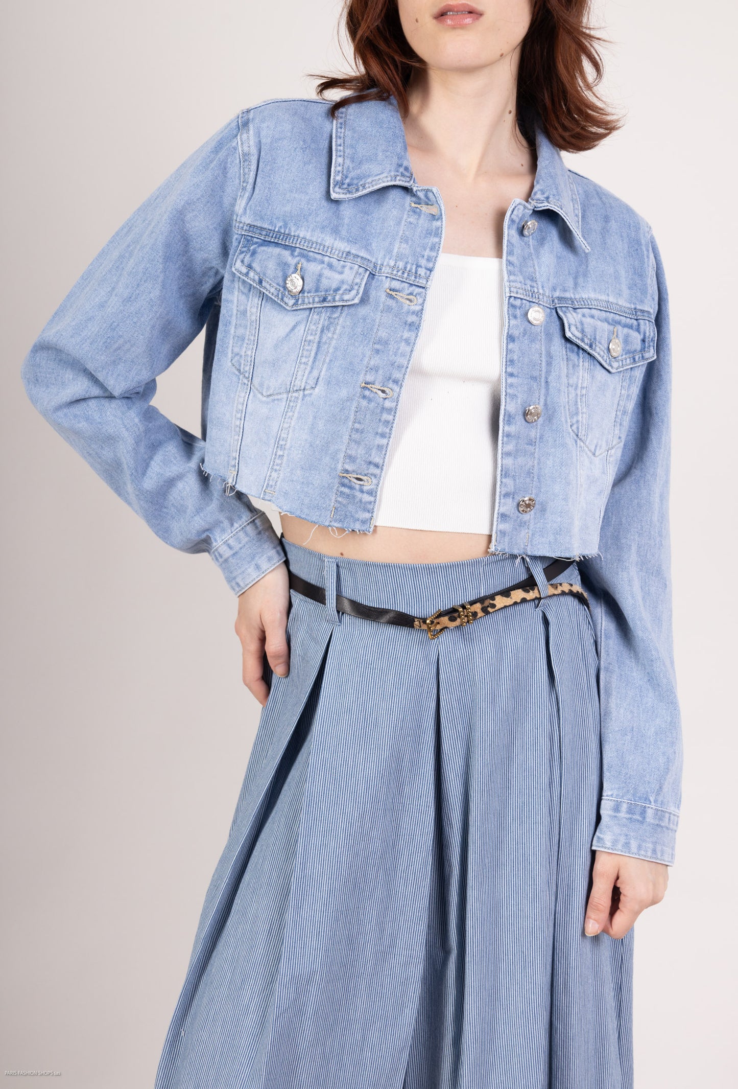 Veste Jean Manche Longue Cropped Coton/Élasthanne Taillé