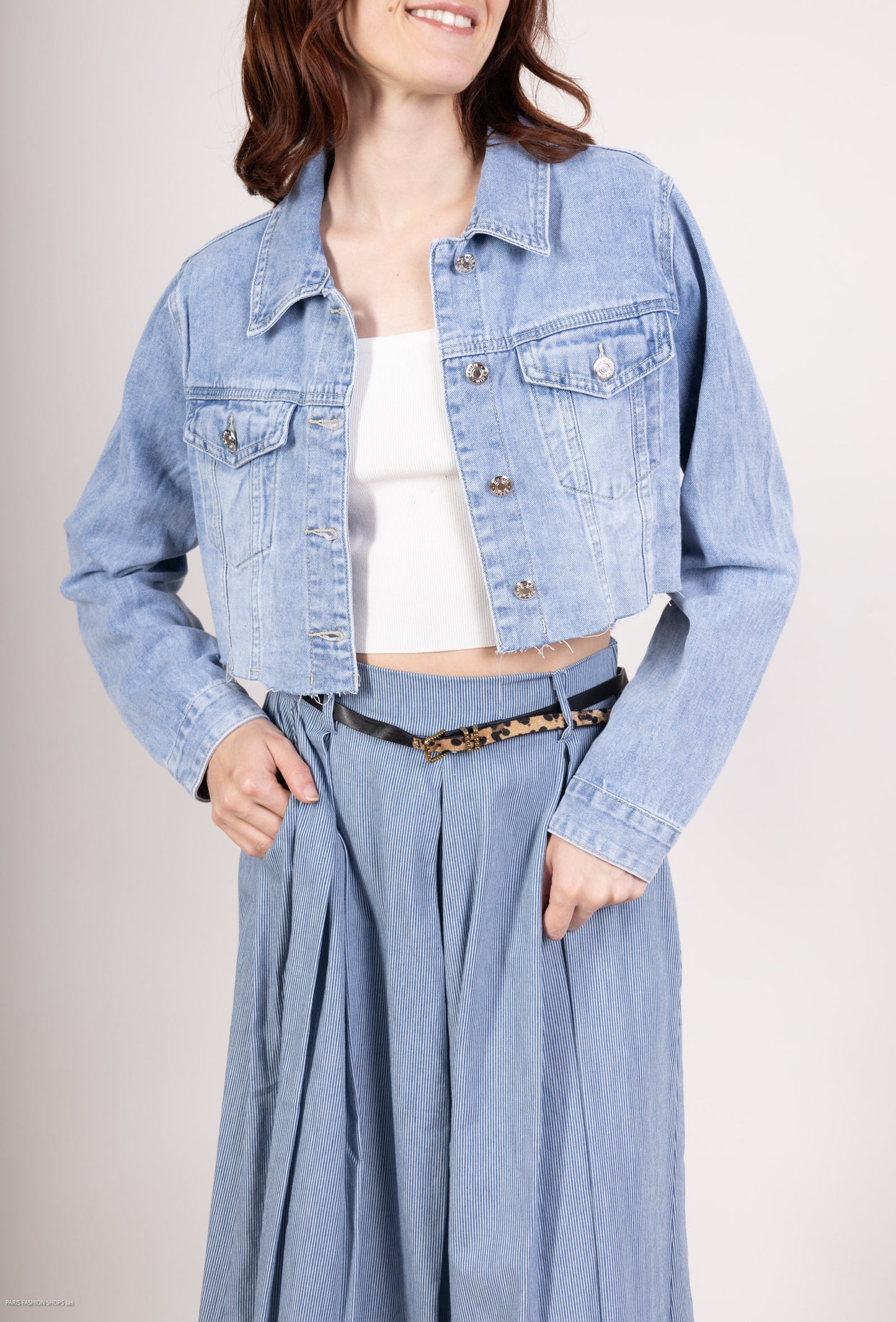 Veste Jean Manche Longue Cropped Coton/Élasthanne Taillé