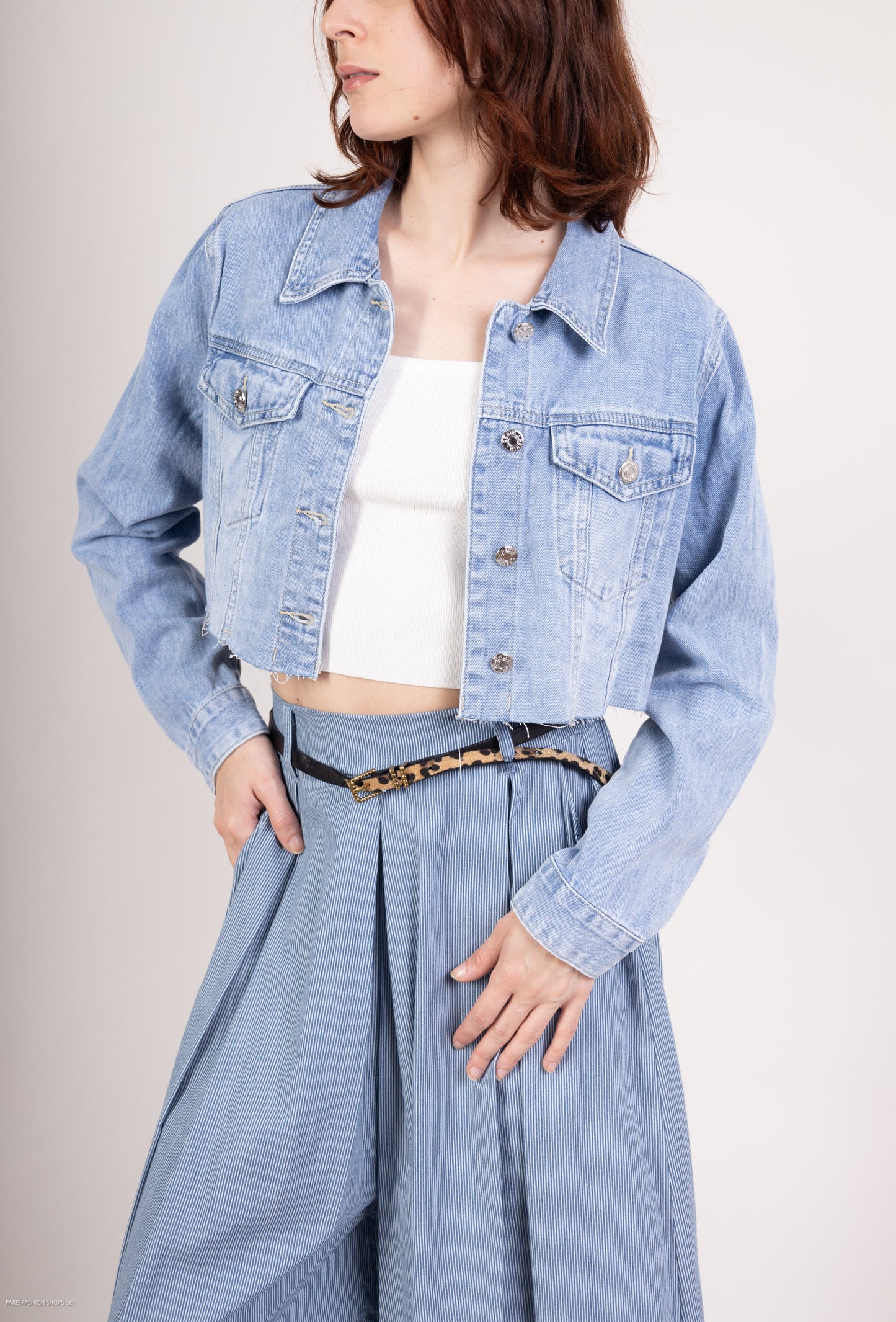 Veste Jean Manche Longue Cropped Coton/Élasthanne Taillé