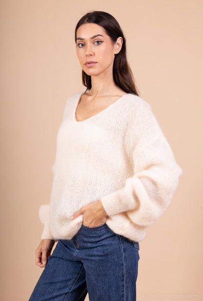 Pull Maille Large Col V Manche Longue Côtelé 80% Kid Mohair