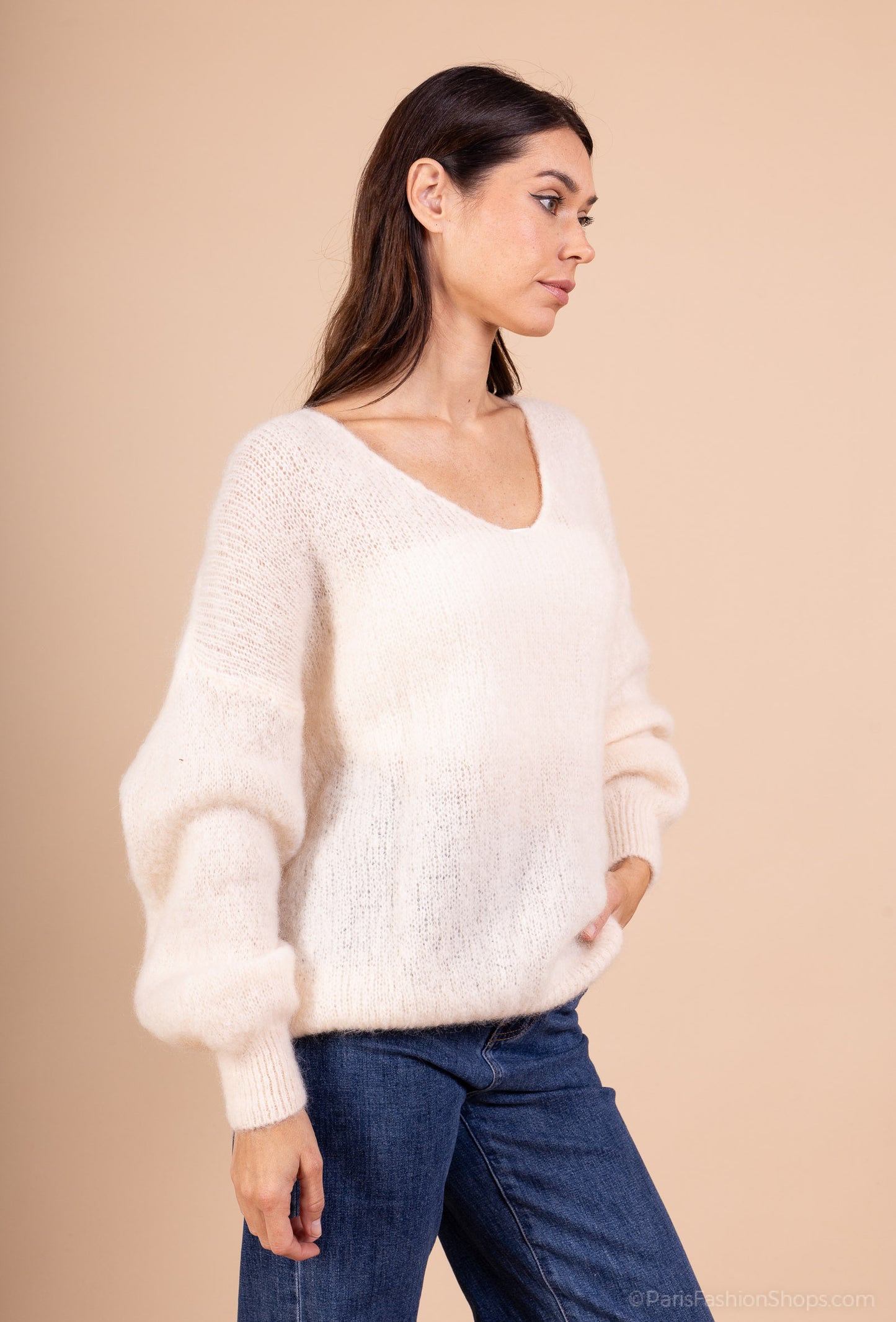 Pull Maille Large Col V Manche Longue Côtelé 80% Kid Mohair