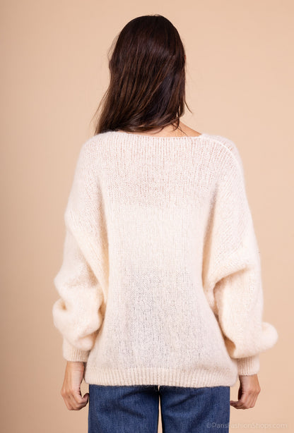 Pull Maille Large Col V Manche Longue Côtelé 80% Kid Mohair