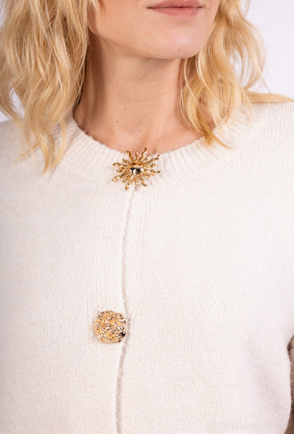 Cardigan Large Boutons Fantaisie Bords-Côtes 10% Laine